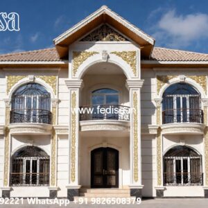 Symmetrical Villa Architecture Stacked Stone Exterior House No-10019