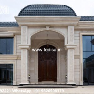 Classic Villa Front Elevation Design Blue Gray House Exterior No-10042